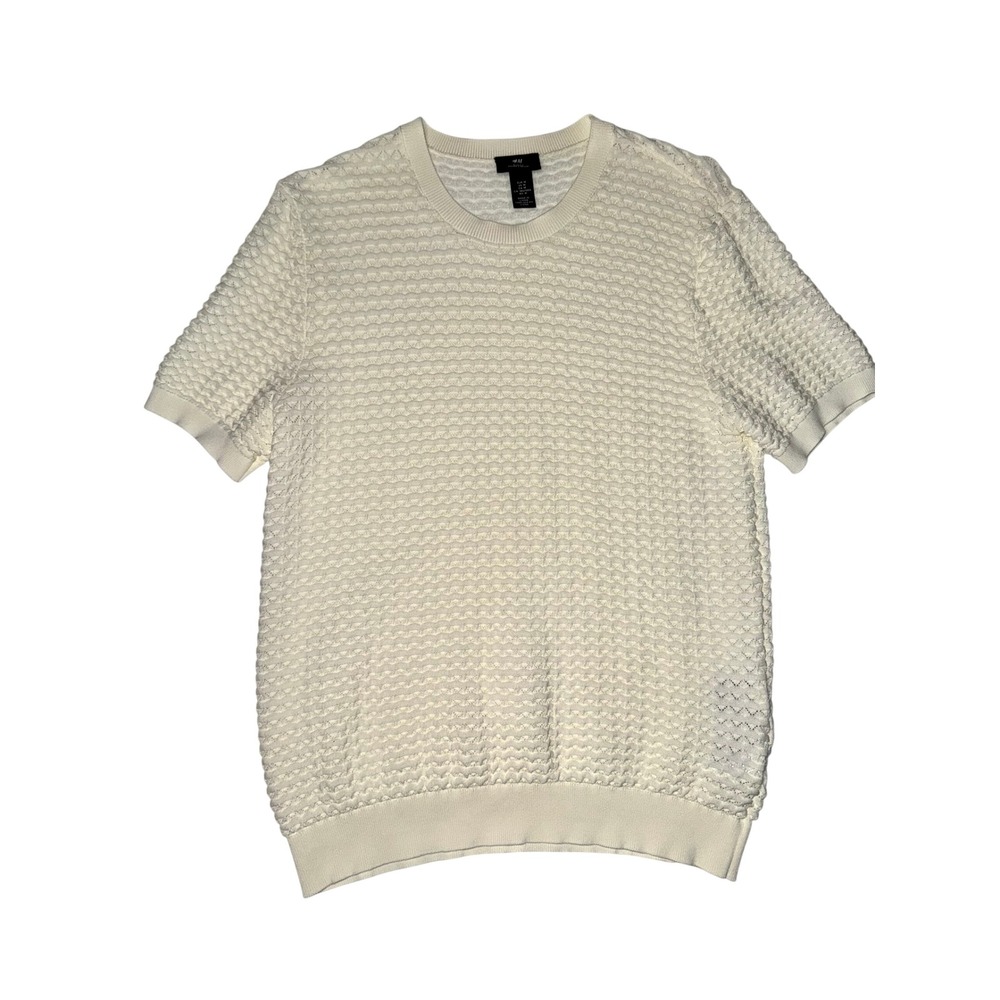 H&M Textured Knit Sweater‎ Mens Medium Off-White Slim Fit Short Sleeve Crew Neck